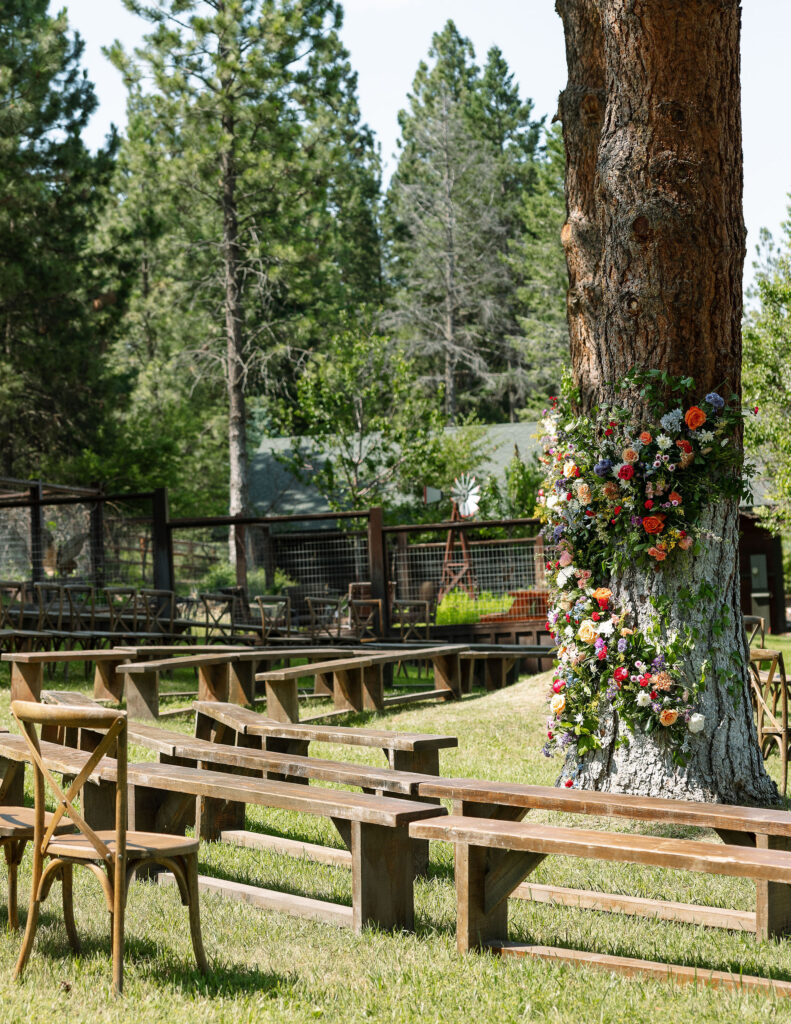 Outdoor ceremony setup at Amen Ranch, featuring wooden benches and chairs with a large floral arrangement cascading down a tree, creating a rustic and romantic atmosphere for a Montana ranch wedding.