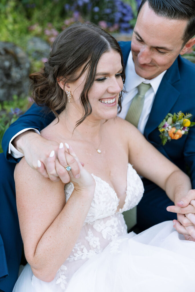 Close-up of a bride and groom sharing a tender moment during their wedding at Amen Ranch in Montana, captured by Montana wedding photographer Haley J Photo.