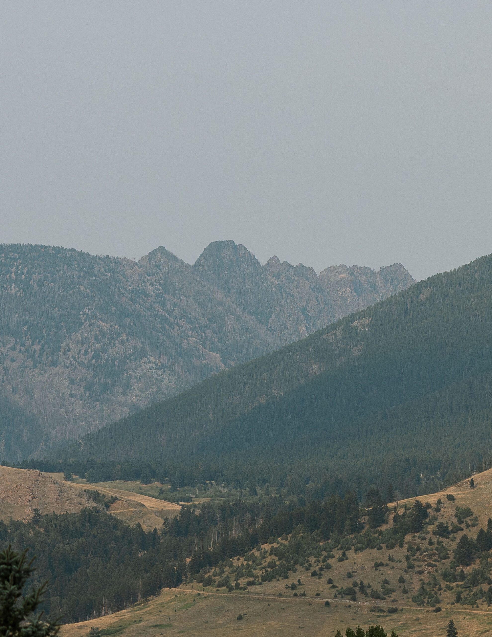 A landscape shot of the rugged mountains surrounding Copper Rose Ranch Wedding Venue in Montana. The natural beauty of the area is showcased, photographed by Haley J Photo, a Montana Wedding Photographer.