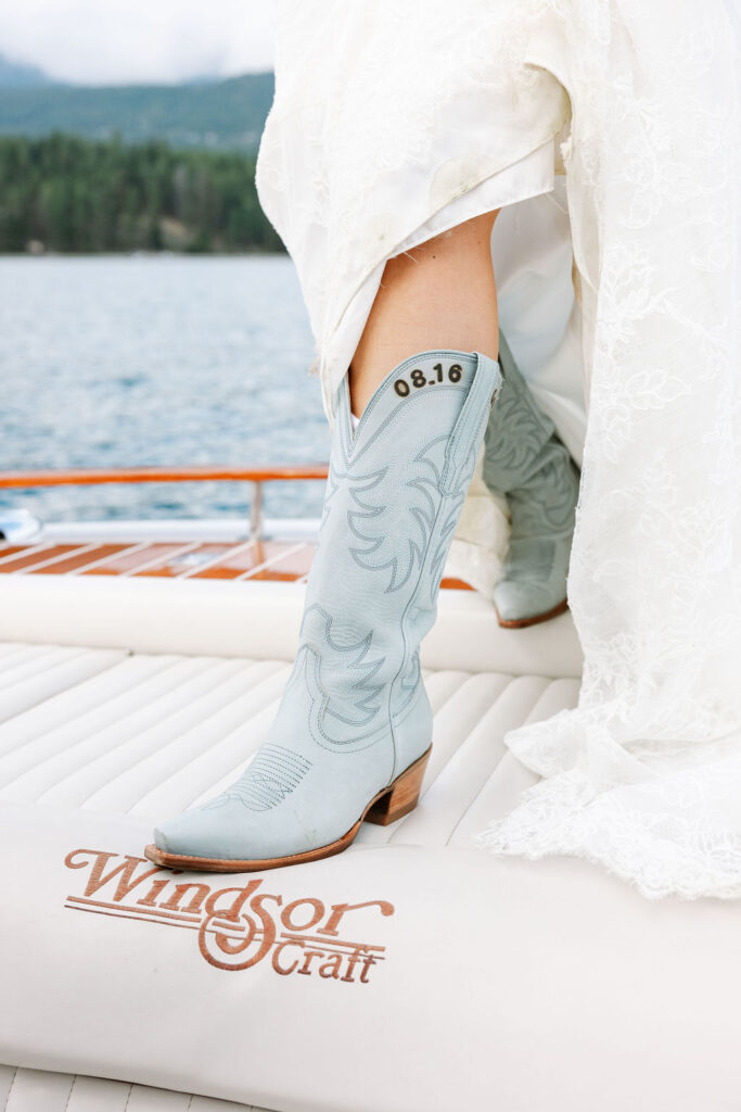 Bride shows off custom boots with wedding date during Whitefish Montana celebration