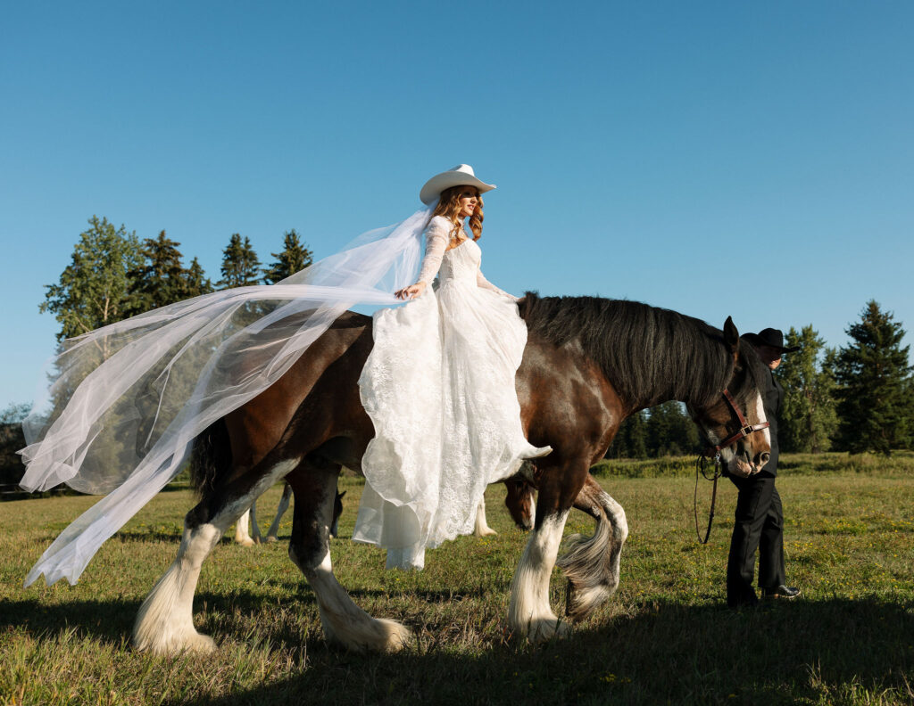 Bride sitting gracefully on a Clydesdale horse in her lace gown and white hat at Clydesdale Outpost, a stunning Montana elopement moment.