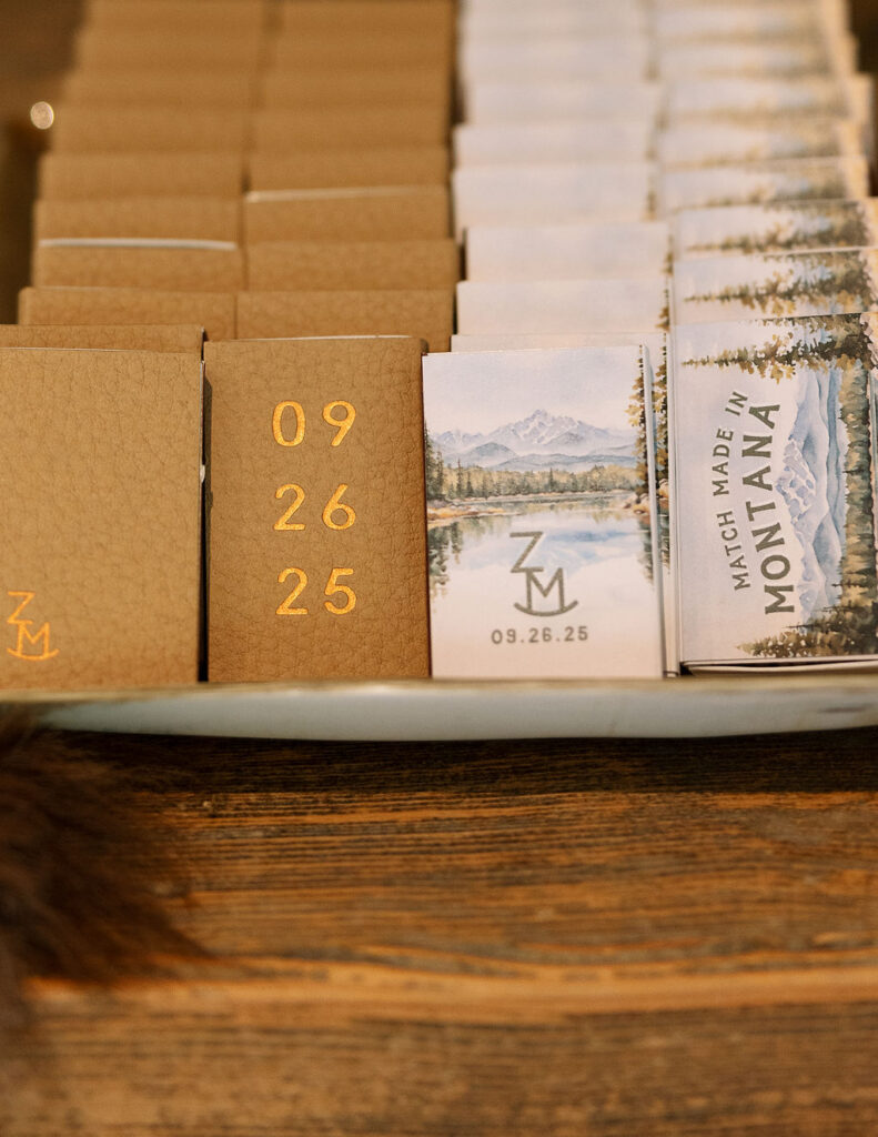 Welcome party favors displayed with the wedding date