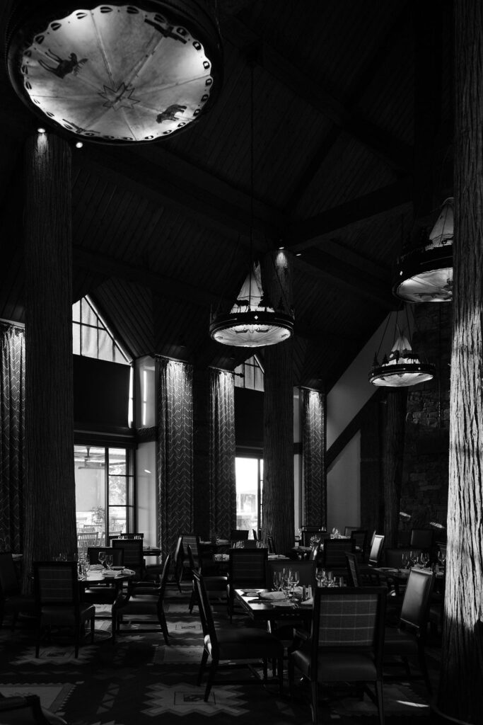 Black and white photo of the Iron Horse dining room interior