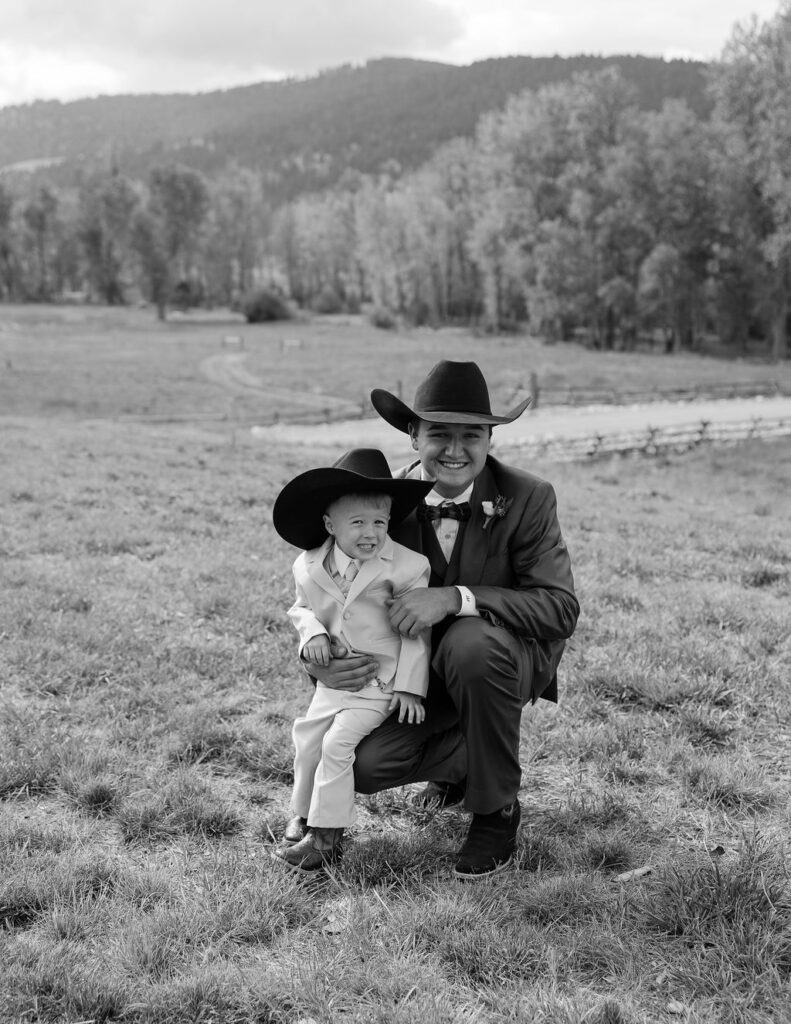 Black and white family portrait at The Meadows on Rock Creek Montana wedding