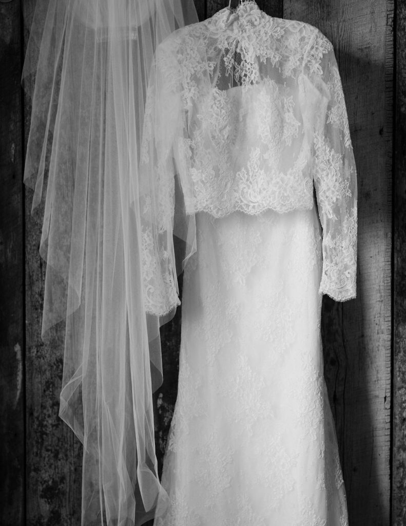 Black and white bridal dress detail at Montana ranch wedding