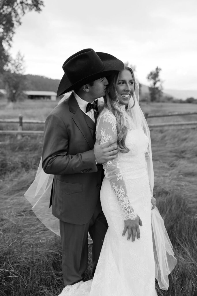 Bride and groom portrait in black and white at The Meadows on Rock Creek Montana wedding