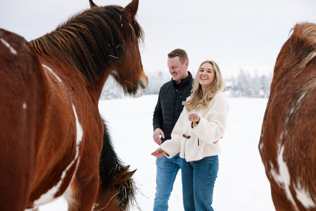 Couple smiling together beside horses in snowy Whitefish Montana landscape